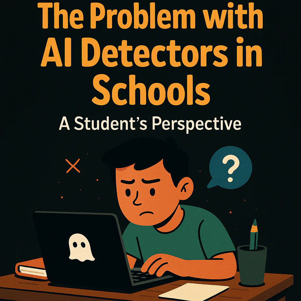 Illustration of a worried student using a laptop with a ghost icon, highlighting the problem with AI detectors in schools from a student’s perspective.
