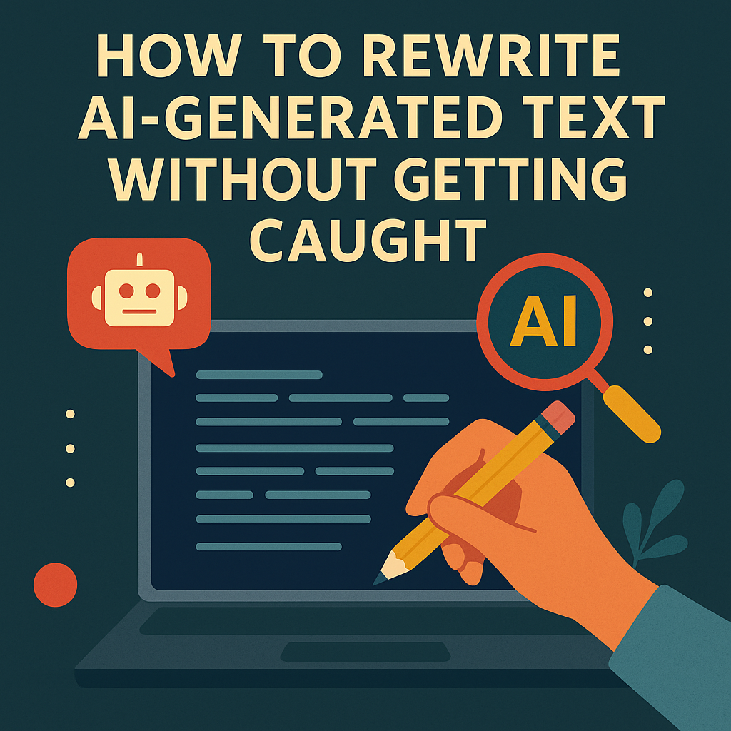 Illustration of a person rewriting AI-generated text on a laptop with icons for AI detection, showing tips on avoiding detection while editing content.